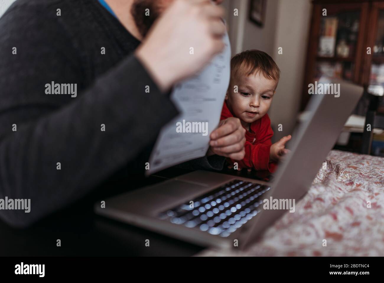 Nahaufnahme des jungen Sohnes, der auf den Computer schaut, während er zu Hause arbeitet Stockfoto