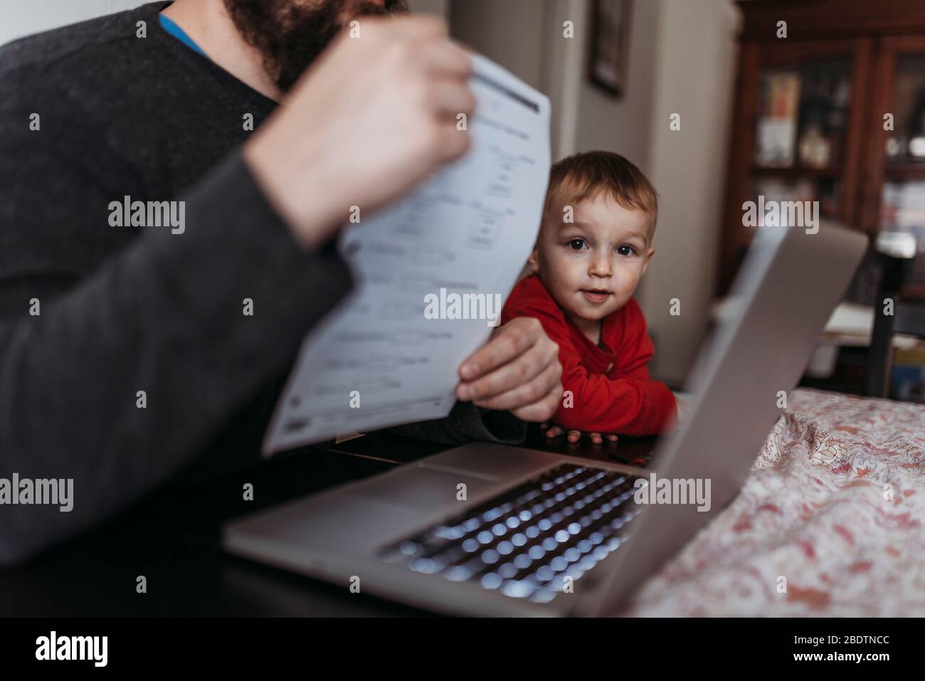 Nahaufnahme des jungen Sohnes, der auf den Computer schaut, während er zu Hause arbeitet Stockfoto