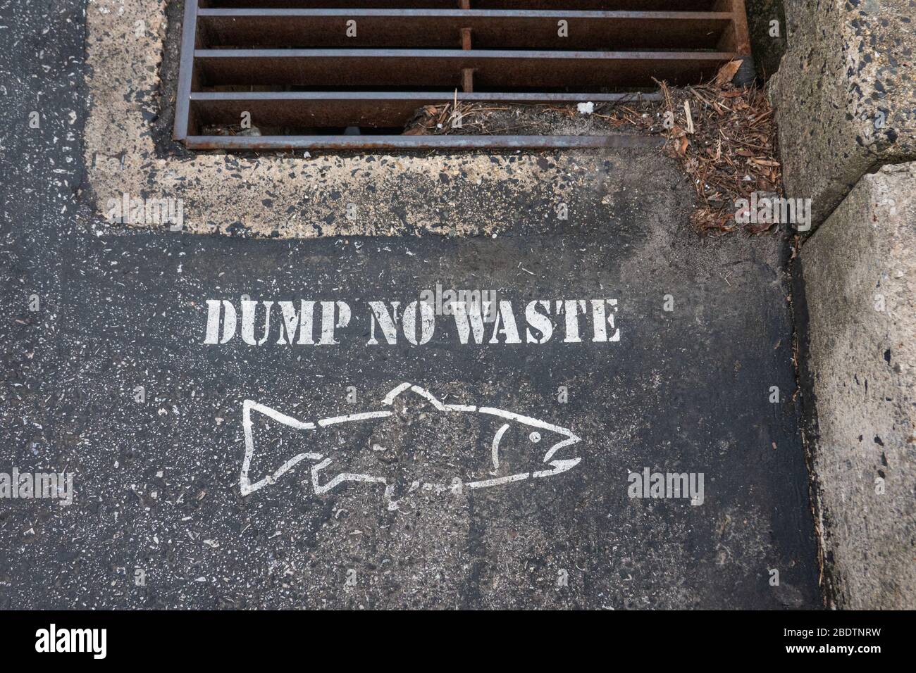 Dump kein Abfall und die Umrisse eines Fisches auf der Schwärze eines Parkplatzes in der Nähe eines Sturmabflusses Stockfoto