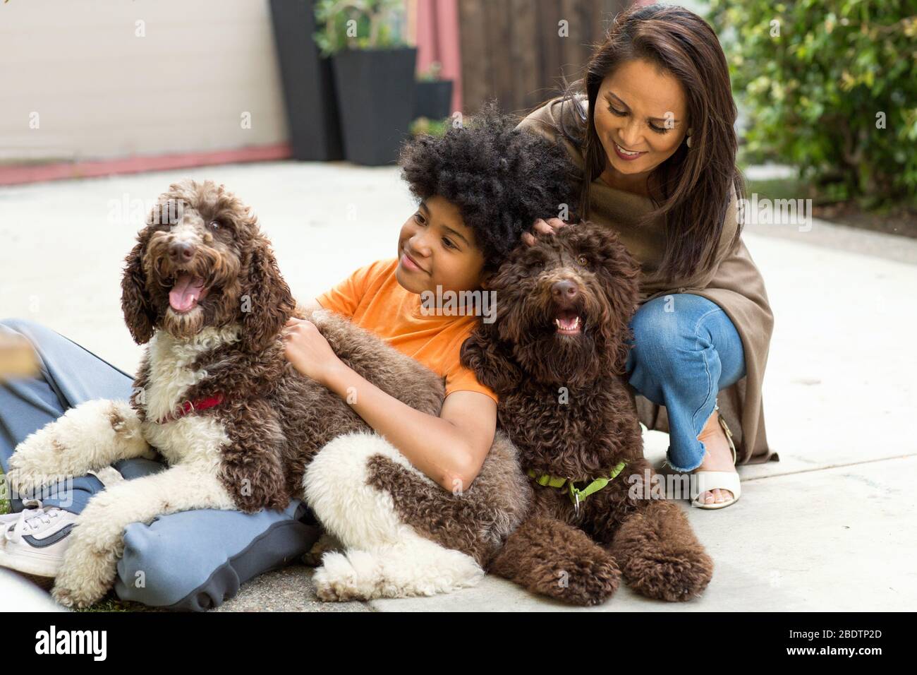 Mutter und ihr Sohn lachen und spielen mit ihrem Hund. Stockfoto
