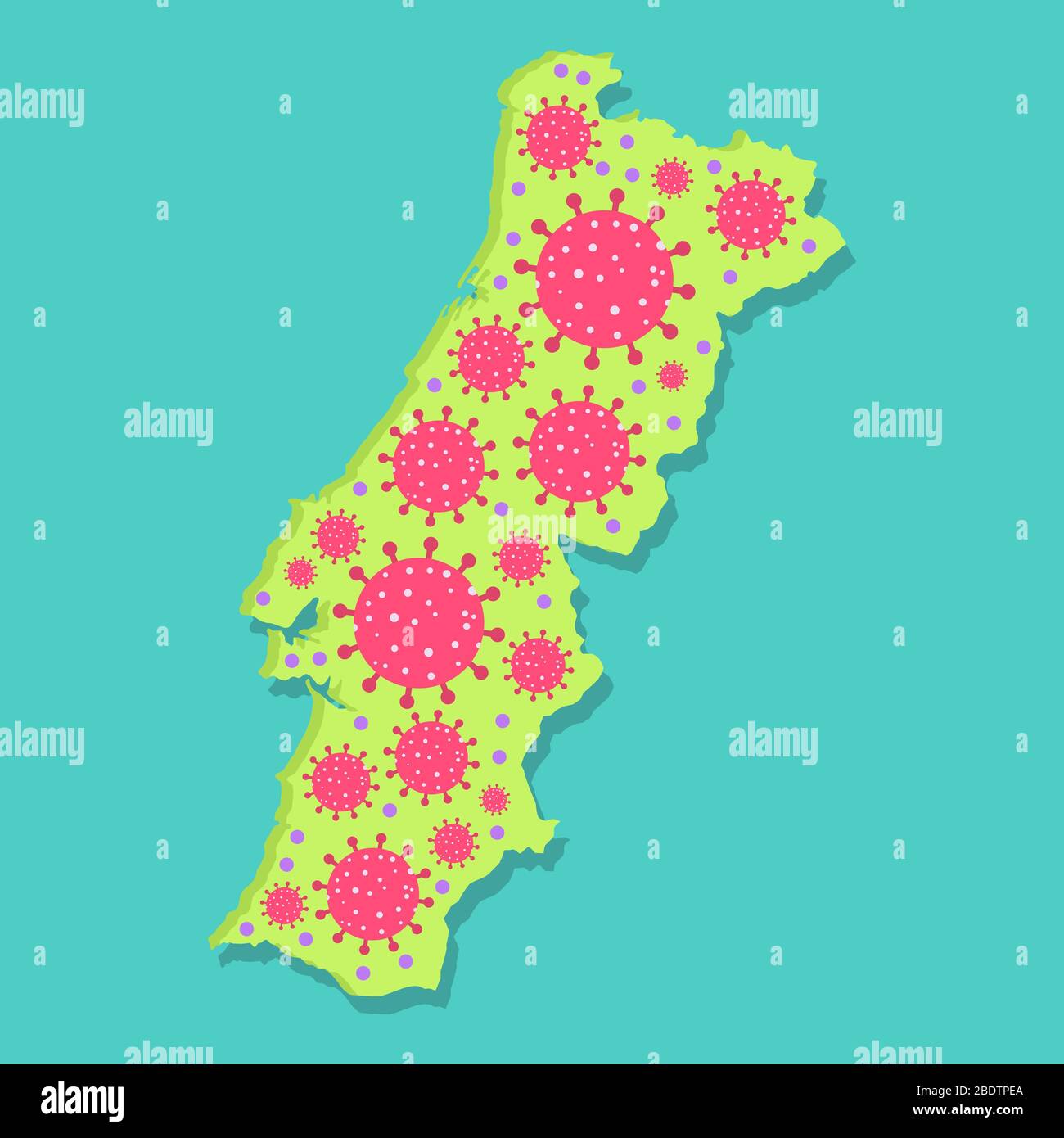 Karte von Portugal mit Virus. Coronavirus-Epidemie im Portugues-Land. Konzeptionell. Stock Vektor