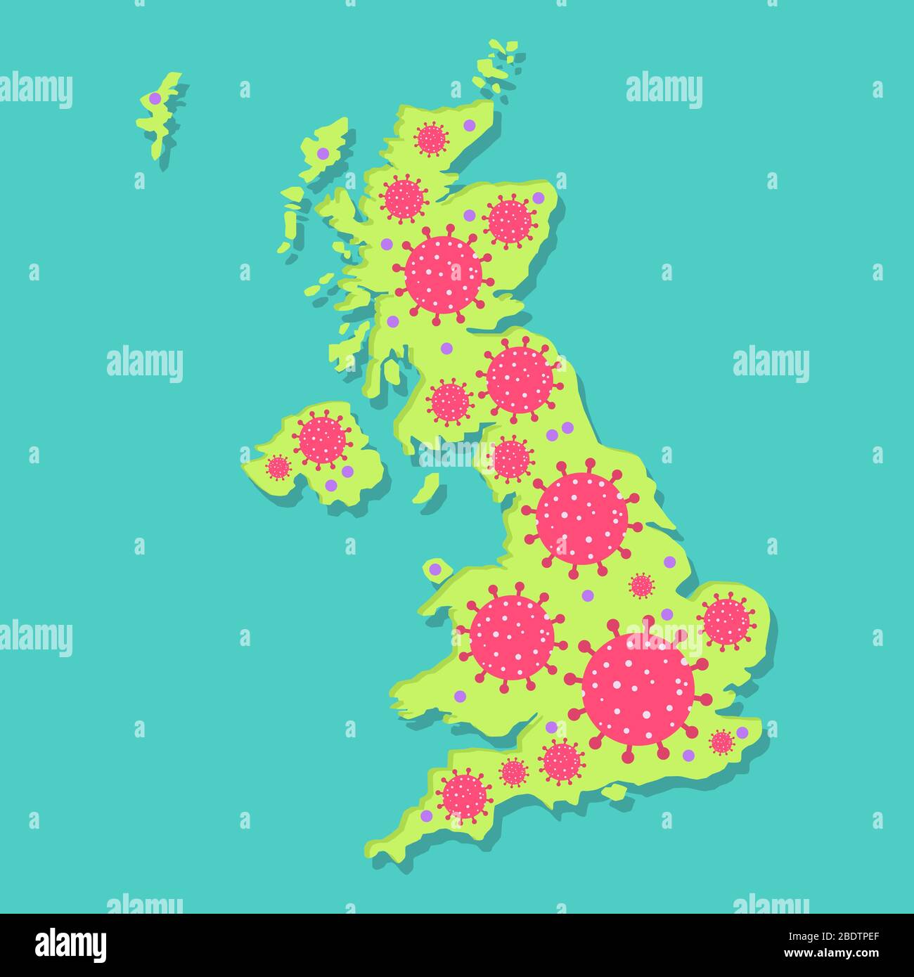 Karte von Großbritannien mit Virus. Coronavirus Epidemie in britischem Land. Konzeptionell. Stock Vektor