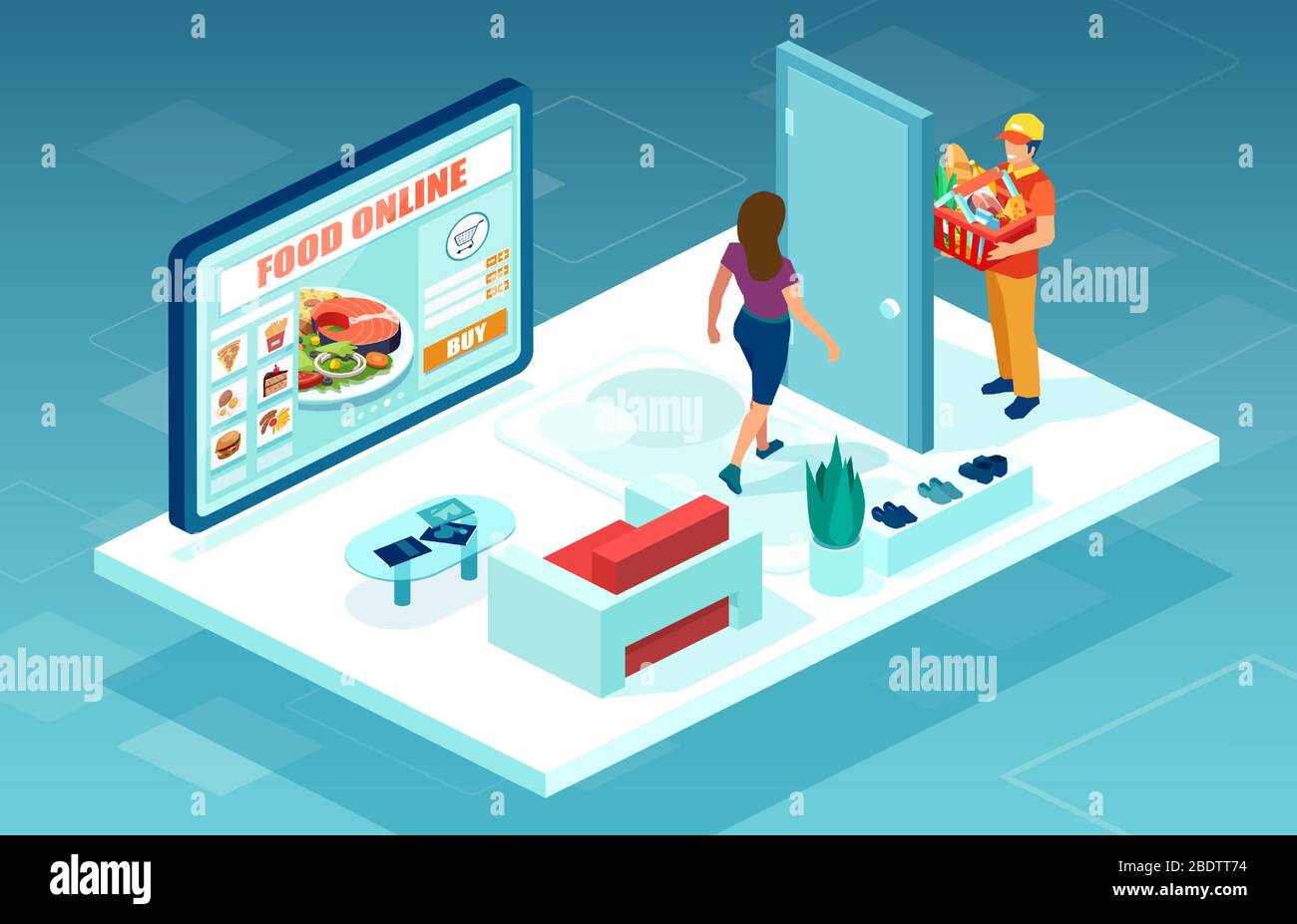 Online-Konzept für Lebensmitteleinkäufe. Vektor eines Liefermanns mit einem Lebensmittelkasten an der Tür eines Kunden, der Online-Lebensmittelbestellung abschließt Stock Vektor