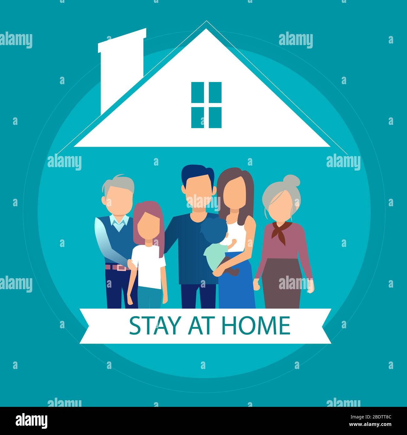 Social Media Kampagne und Coronavirus Prävention Konzept. Vektor einer Familie zu Hause zusammen zu bleiben Stock Vektor