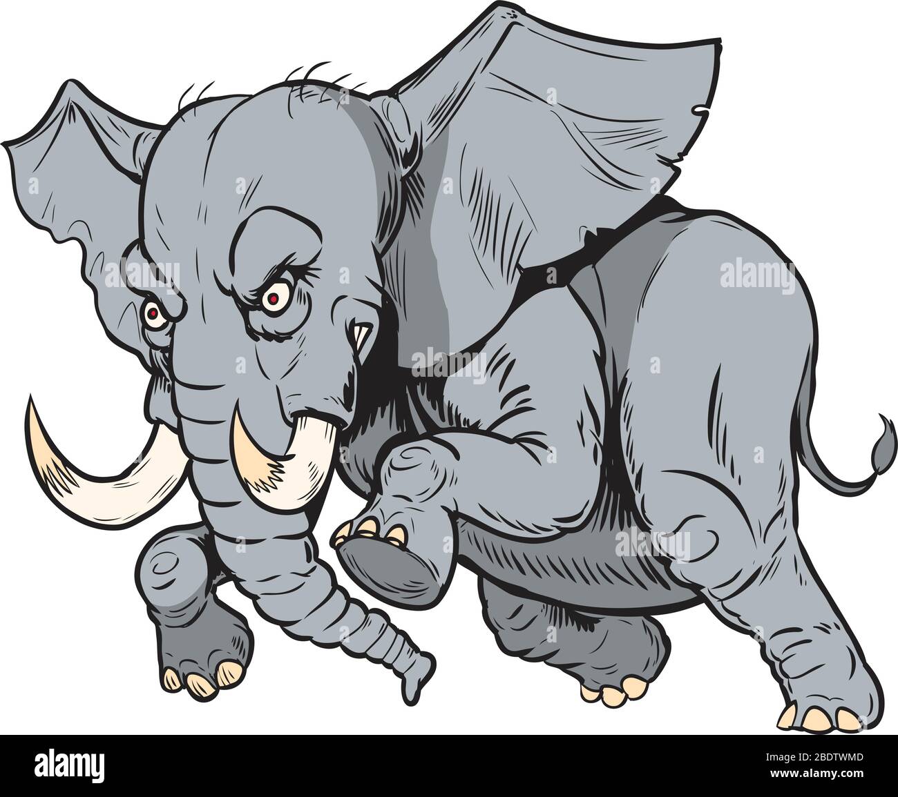Vektor Cartoon Clip Art Illustration eines aufladende wütend afrikanischen Elefanten Maskottchen in separaten Schichten. Stock Vektor
