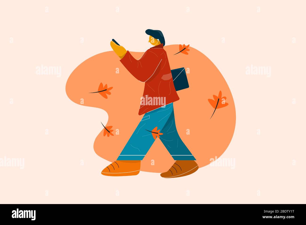 Mann in rotem Mantel und blauer Hose oder Jeans beim Gehen und Musik hören mit seinem Handy. Stock Vektor