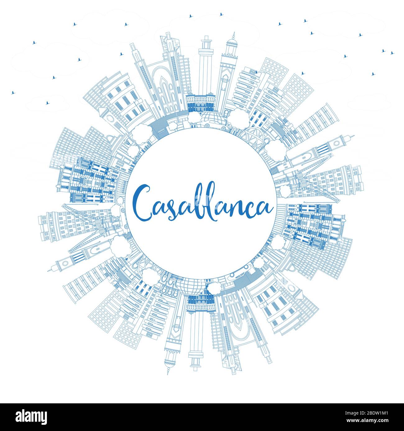 Umrisse Casablanca Marokko Skyline der Stadt mit blauen Gebäude und Kopieren. Vector Illustration. Business Travel und Konzept. Stock Vektor