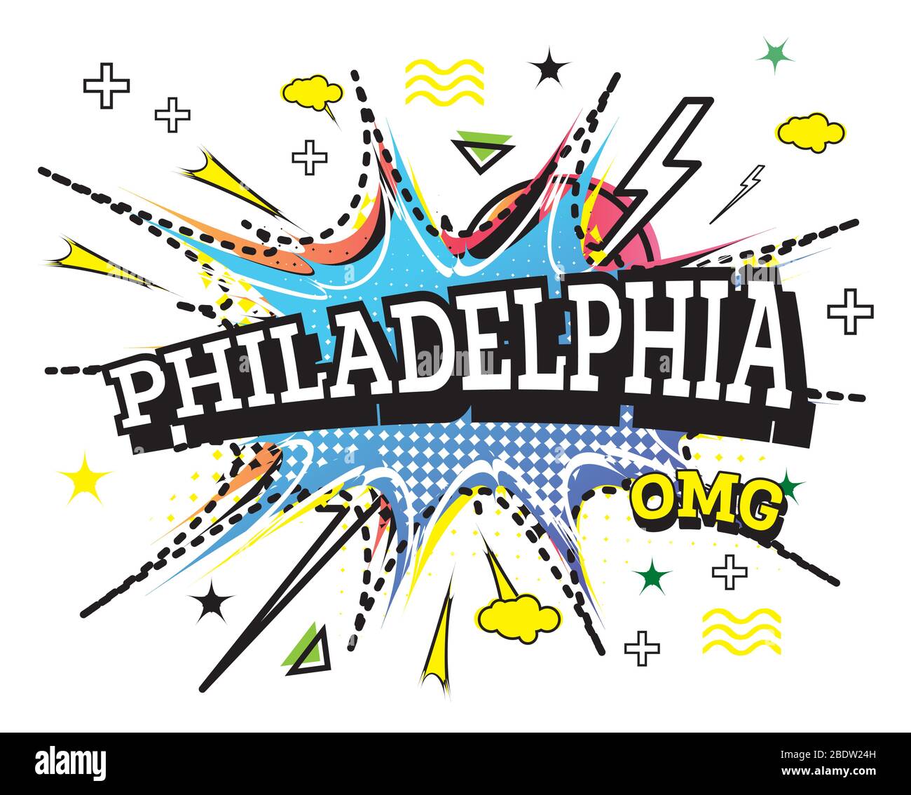 Philadelphia Comic Text im Pop Art Stil isoliert auf weißem Hintergrund. Vektorgrafik. Stock Vektor