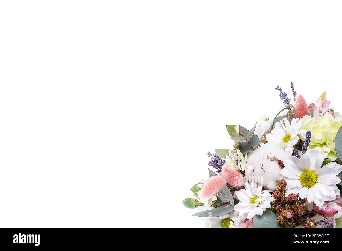 Bouquet in einem Topf von Chrysanthemen, Kamille, Eukalyptus, Lavendel, Baumwolle, Eustoma, Nelken auf einem weißen isolierten Hintergrund, Seitenansicht. Ein Urlaub, ein g Stockfoto