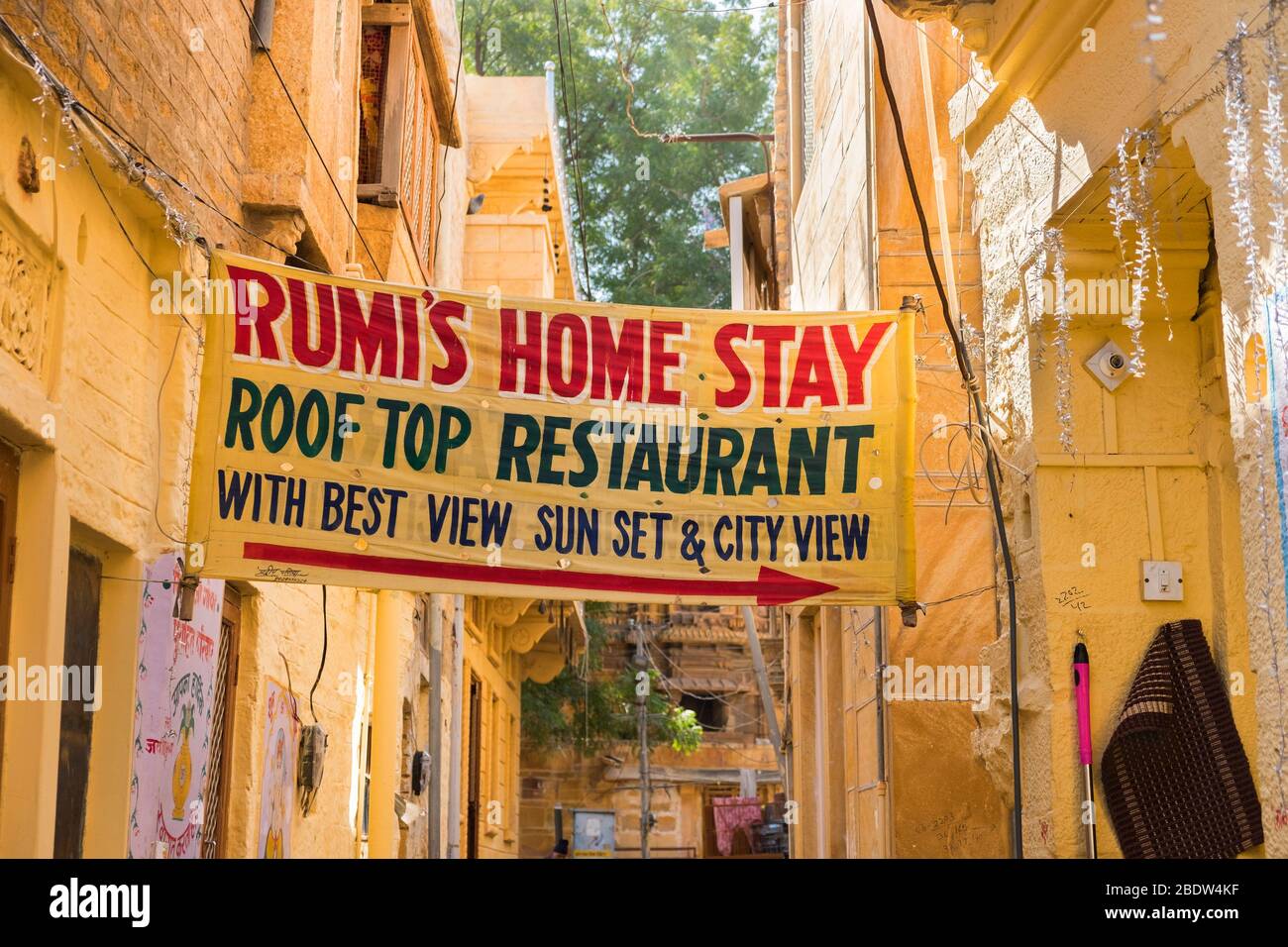 Restaurant und Home Stay Zeichen Jaisalmer Fort Rajasthan Indien Stockfoto