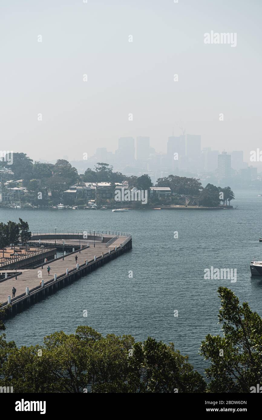 Blick auf den Hafen von Pyrmont und den Pirrama Park vom Giba Park in der Nähe von Jones Bay Wharf, Sydney. Stockfoto