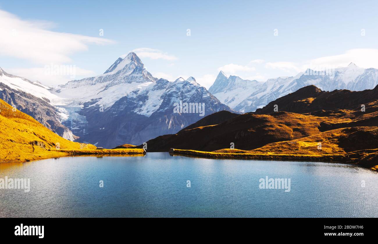 Panorama des Bachalpsees in den Schweizer Alpen bei Sonnenuntergang. Verschneite Gipfel des Wetterhorns, Mittelhorns und Rosenhorns im Hintergrund. Grindelwaldtal, Schweiz. Landschaftsfotografie Stockfoto