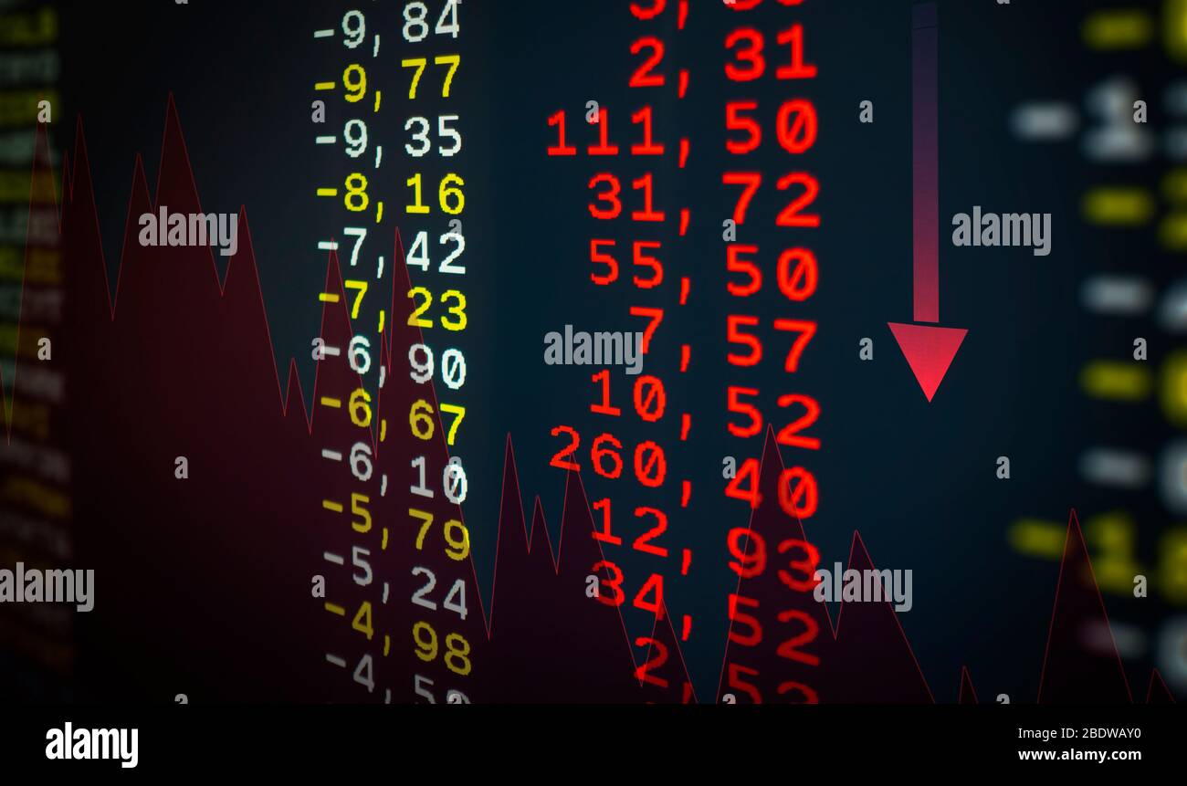 Aktienmarktwerte fallende Preise abgestürzt Rote Zahlen zeigen den Verlust der Aktienwerte auf Teletex Stockfoto