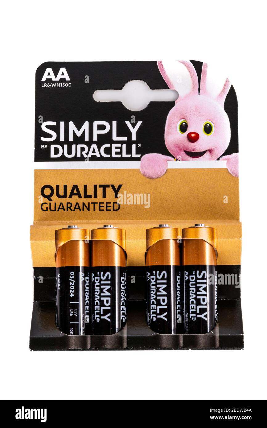 Duracell AA-Batterien, Duracell-Batterien, Duracell, AA-Batterien, Akkupack, Batterien, Akku, 4er-Pack-Batterien, LR6/MN1500, Pack, Stockfoto