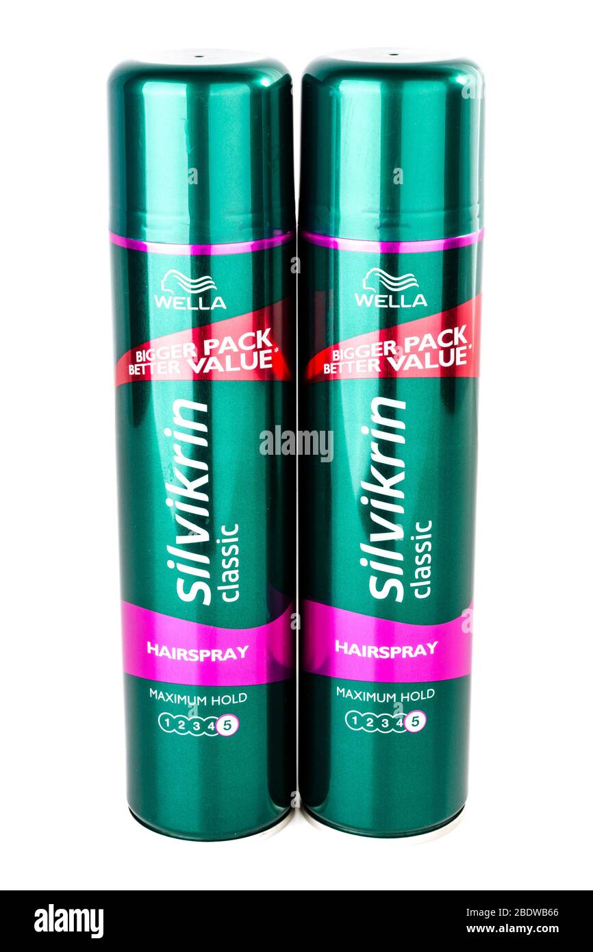 Wella Silvikrin Haarspray Flaschen, Silvikrin Hairspray, Wella Marke, Silvikrin, Haarspray, Flaschen, Silvikrin Haarspray, Haarspray Flaschen, Haarspray, Stockfoto