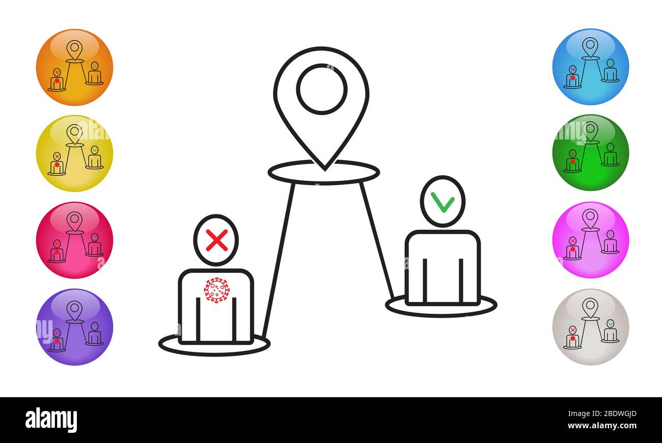 Mobile Map Tracker Covid-19. gps bluetooth Gesundheit Virus Tracking Standort App Gliederungssymbole. Vektorgrafik EPS 10 Stockfoto