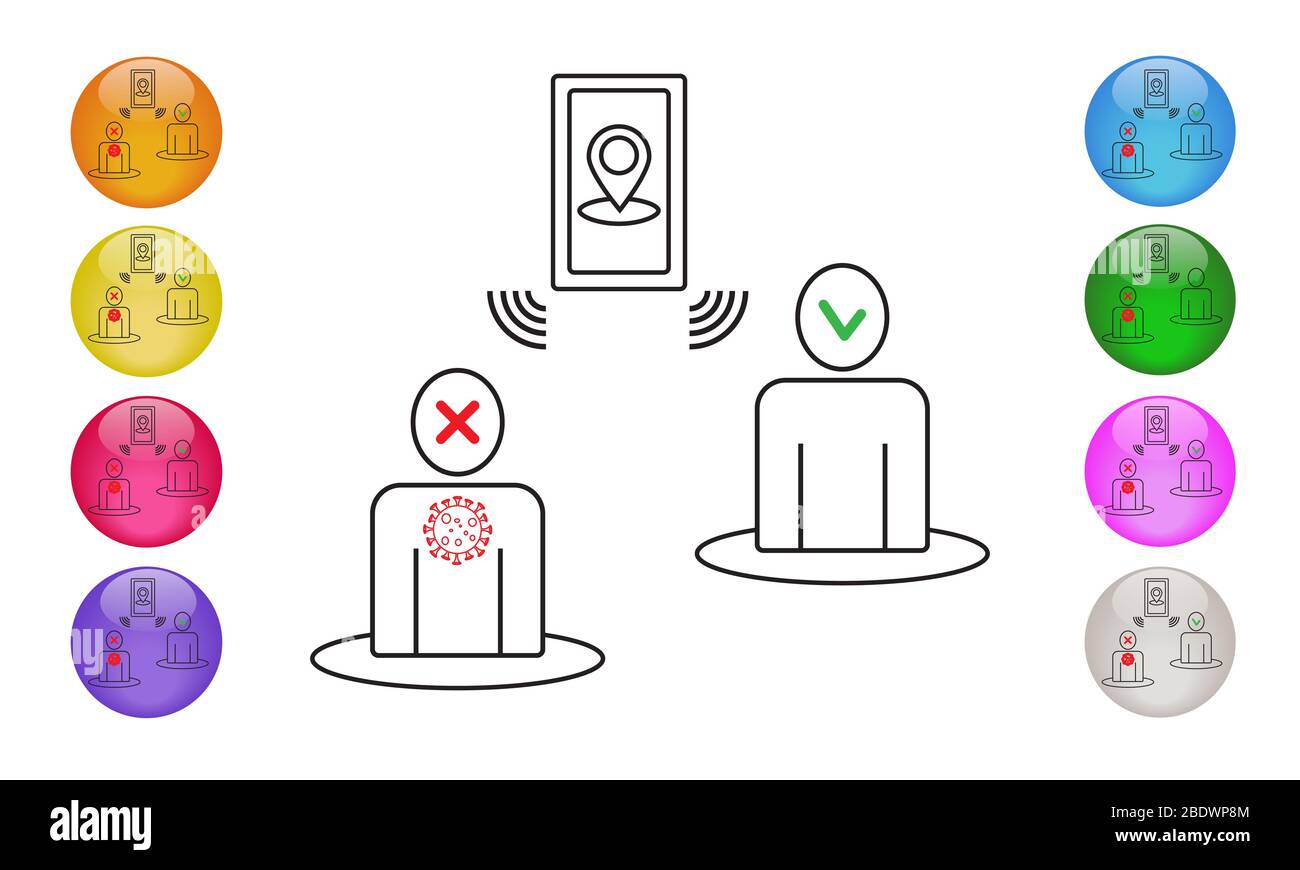 Mobile Map Tracker Covid-19. Smartphone Gesundheit Virus Tracking Standort App Gliederungssymbole. Vektorgrafik EPS 10 Stockfoto