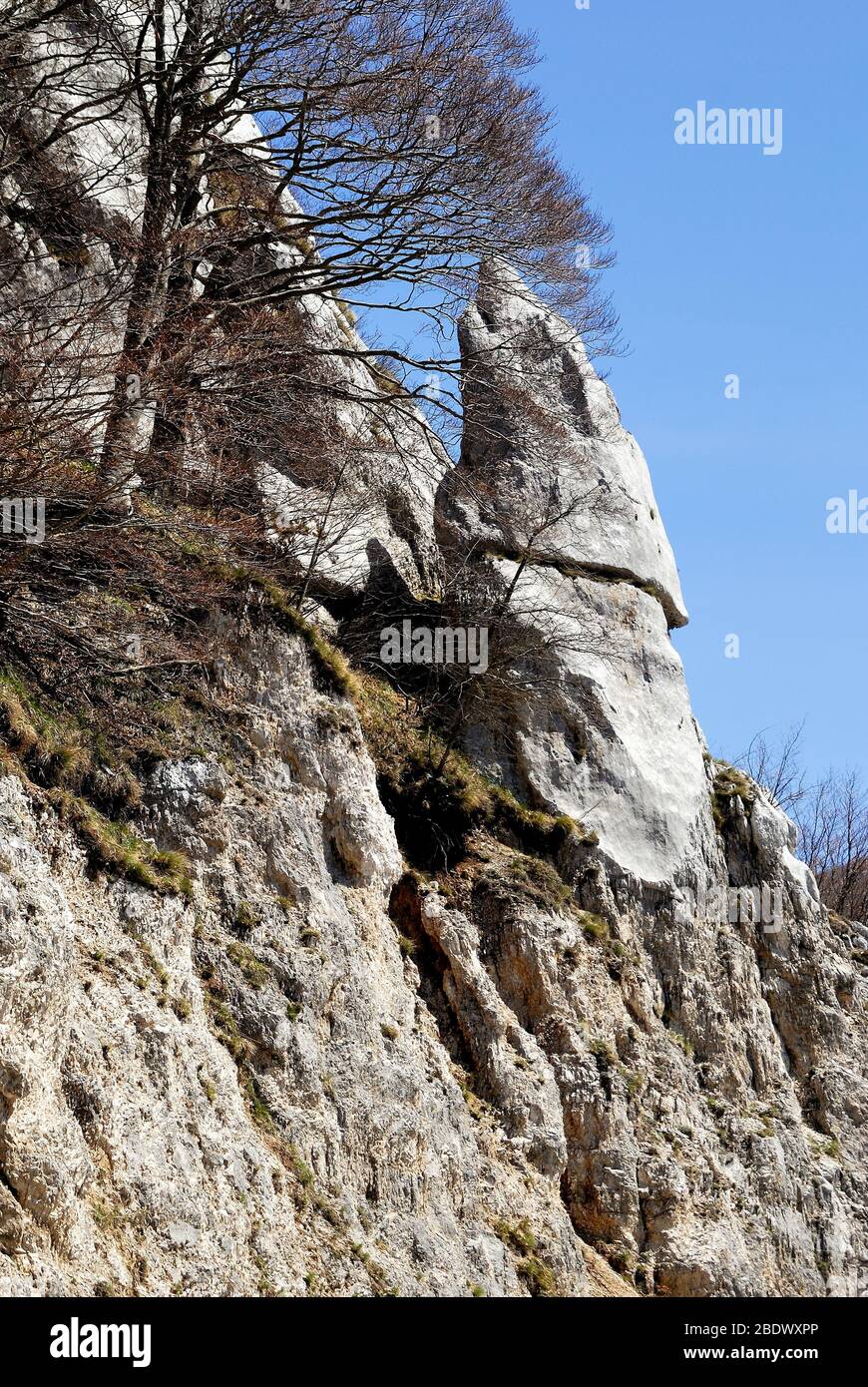 Eine Felsnadel auf dem Matese-Berg. Die Matese ist eine Kette von Bergen im südlichen Apennin, Süditalien. Stockfoto