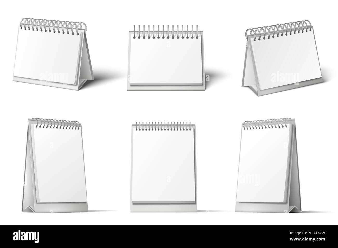 Tischkalender Modell. Leerer Kalender Ständer, Tabelle Tagebuch Erinnerung und realistische 3D weiße Vorlage Vektor-Set Stock Vektor
