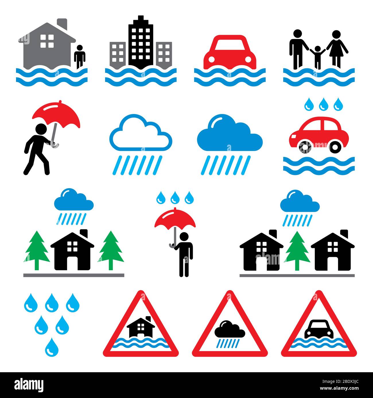 Hochwasser, Naturkatastrophen, Starkregen Symbole Set - Umwelt, Naturkatastrophen Konzept Stock Vektor