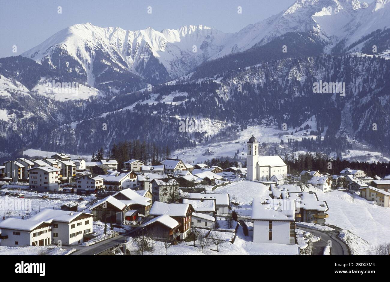 Winter in Laax, Schweiz Stockfoto