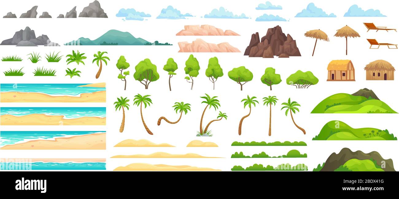 Strandlandschaft Konstrukteur. Sandstrände, tropische Palmen, Berge und Hügel. Ozean Horizont, Wolken und grüne Bäume Cartoon Vektor Illustration Set Stock Vektor