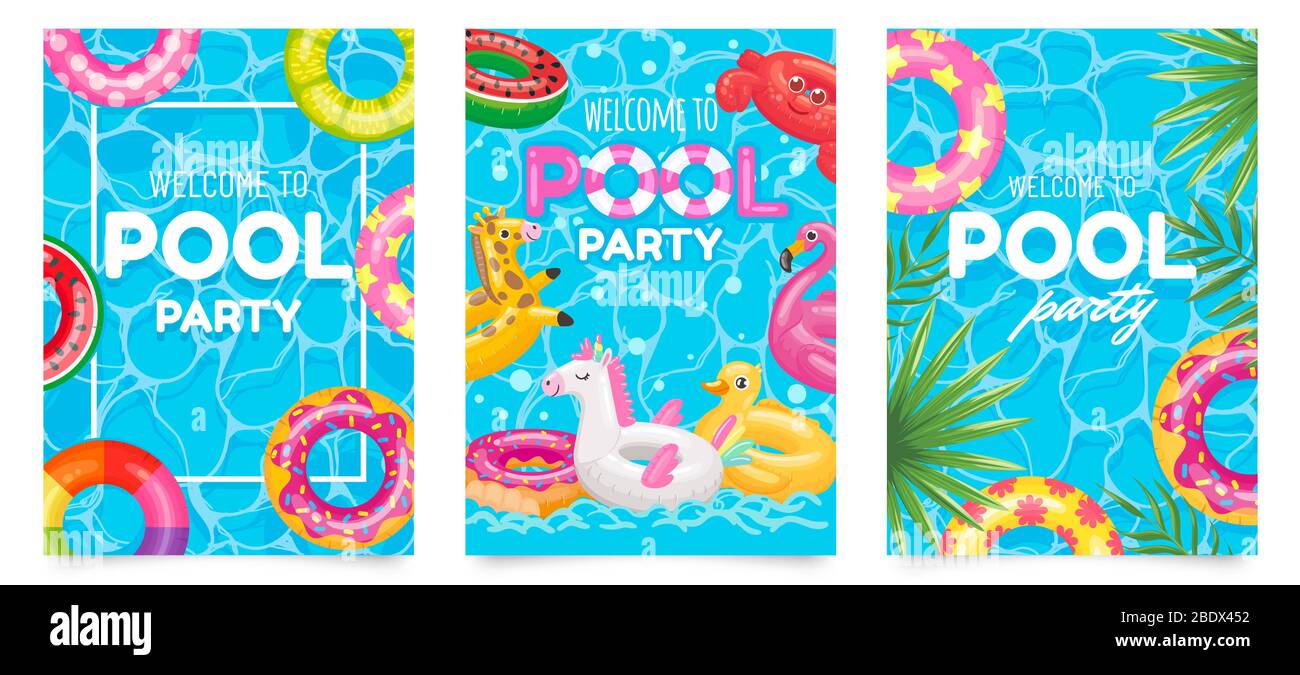 Poster für die Poolparty. Willkommen bei Pool Party Flyer mit Schwimmbad, schwimmenden Ringen und tropischen Blättern Vektor-Set Stock Vektor