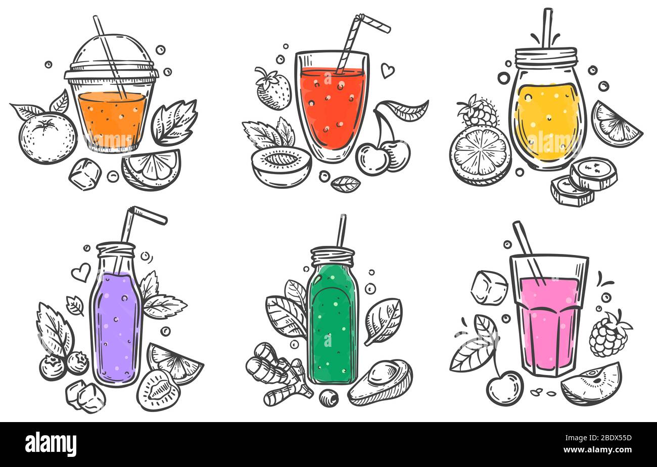 Skizzieren Sie Smoothie. Gesunde Supernahrungsmittel, Glas Obst und Beeren Smoothies und geschlickt natürlichen Früchten Hand gezeichnet Vektor-Illustration-Set Stock Vektor