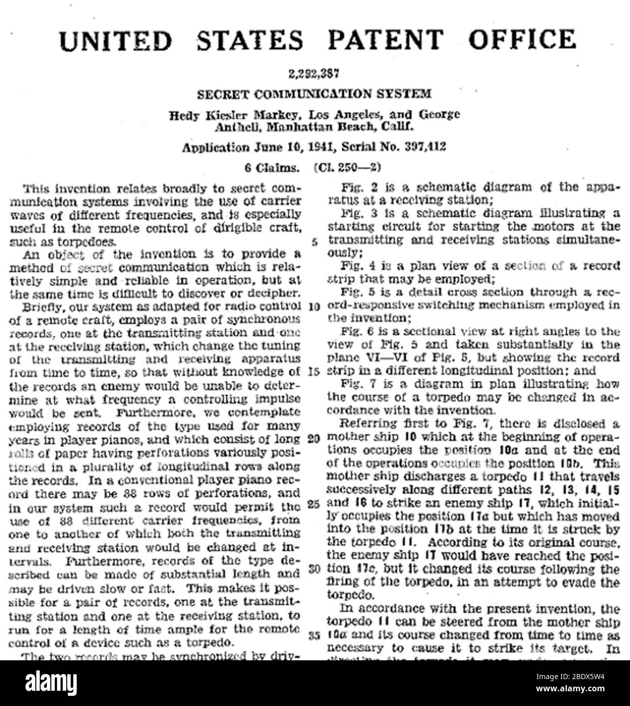 US-Patent von Hedy Lamarr und George Antheil Stockfoto