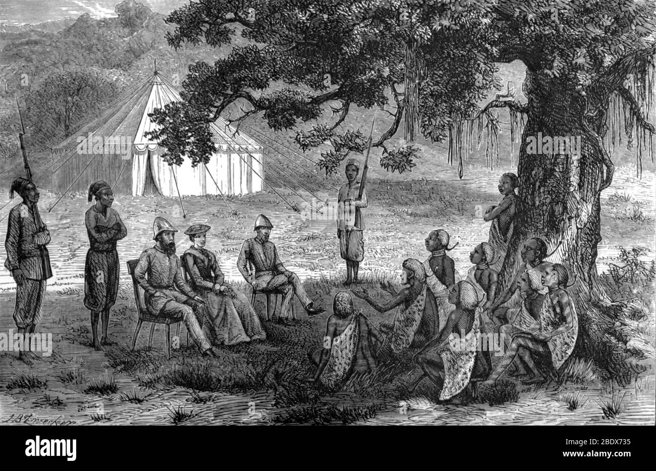 Florence und Samuel Baker trafen sich von Acholi Chief, 19. Jahrhundert Stockfoto