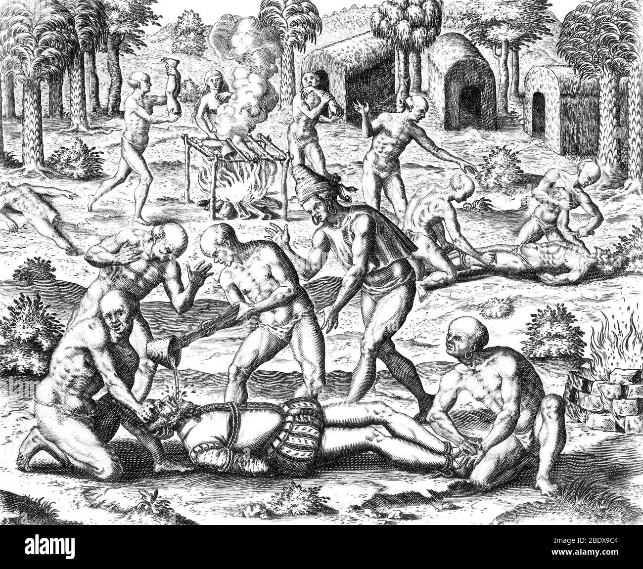 Indianische Folter und Kannibalismus, 1594 Stockfoto