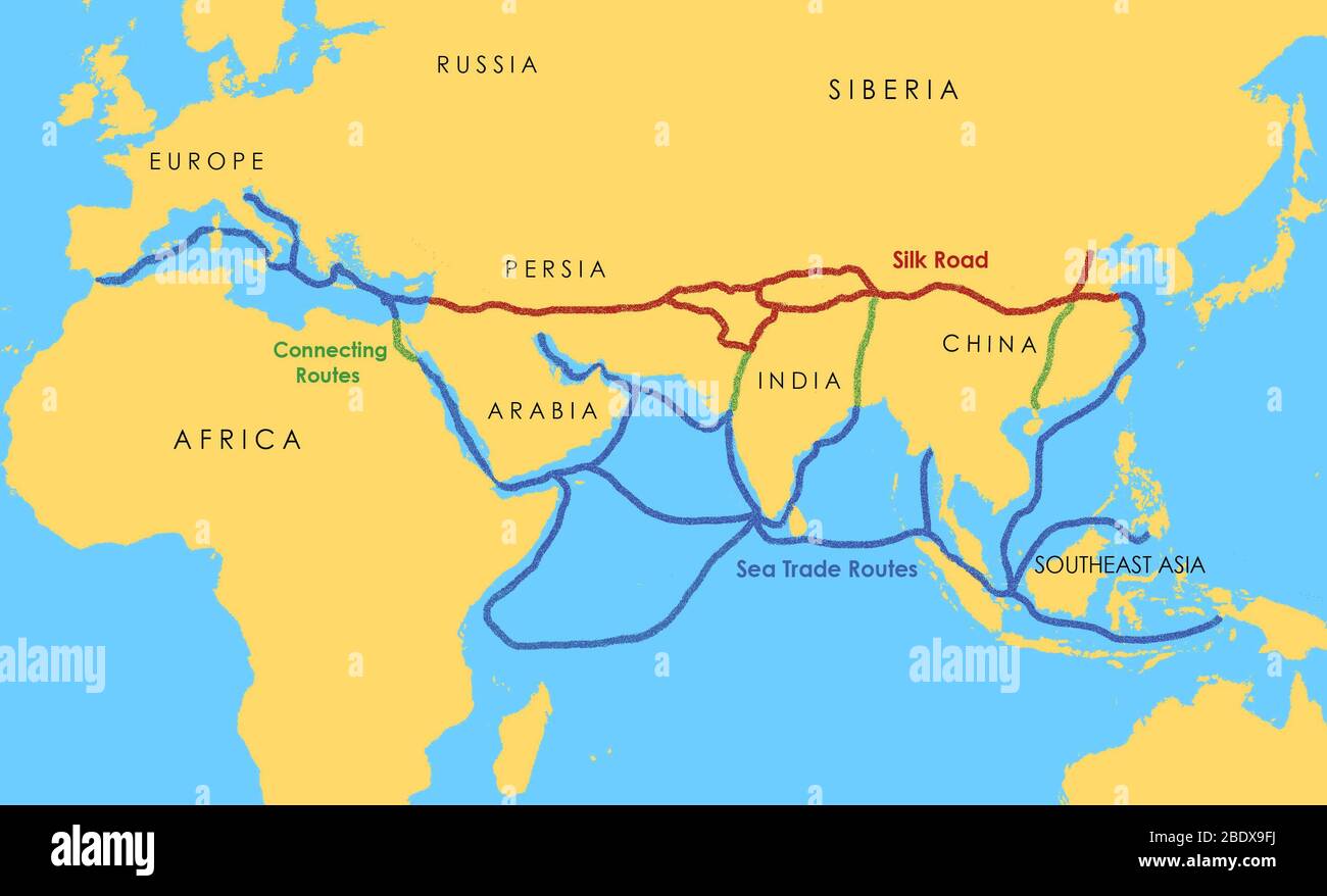 Eine Karte zeigt ein Netz mittelalterlicher Handelsrouten, einschließlich der Seidenstraße (die Ost und West zwischen dem 2. Jahrhundert v. Chr. und dem 18. Jahrhundert verbindet) und verschiedenen Seeverkehrsrouten. Stockfoto