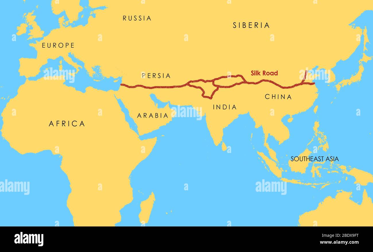Eine Karte zeigt die Hauptroute der Seidenstraße, die zwischen dem 2. Jahrhundert v. Chr. und dem 18. Jahrhundert Ost und West verband. Die Seidenstraße leitet ihren Namen vom lukrativen Handel mit Seide ab, der entlang ihrer Länge durchgeführt wird. Stockfoto