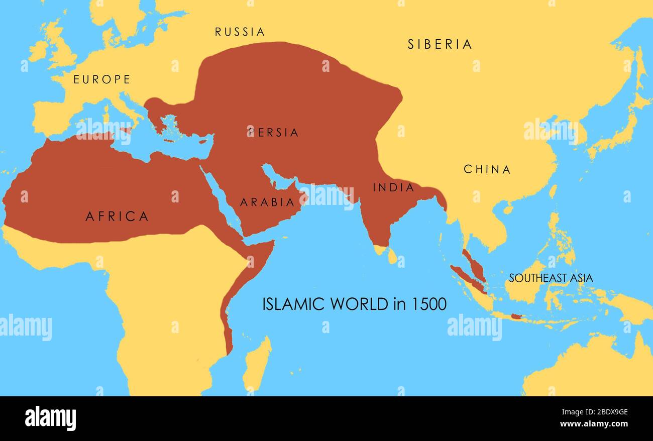 Eine Karte, die das Ausmaß der islamischen Welt im Jahr 1500 zeigt. Stockfoto