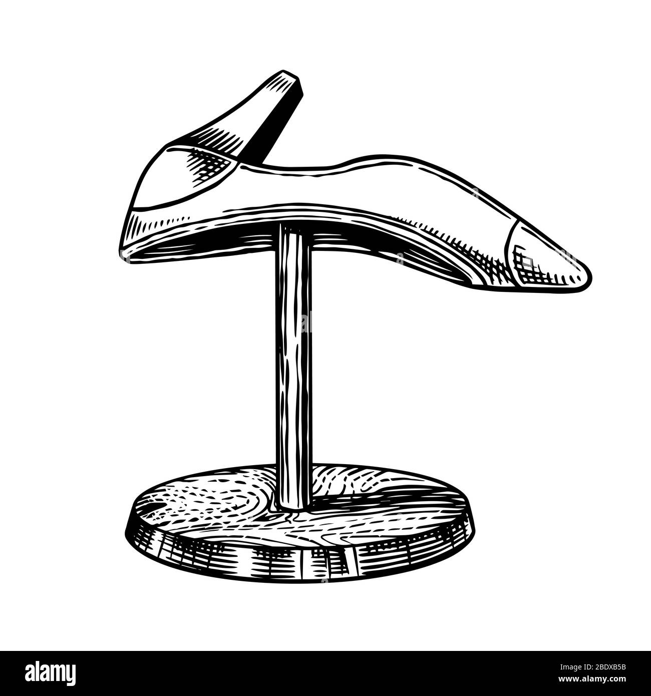 Ständer für Schuhreparatur. Damenstiefel in einer Werkstatt eines Schuhmachers. Handgezeichnet gravierte alte Skizze für Etikett oder Poster. Vektorgrafik. Stock Vektor