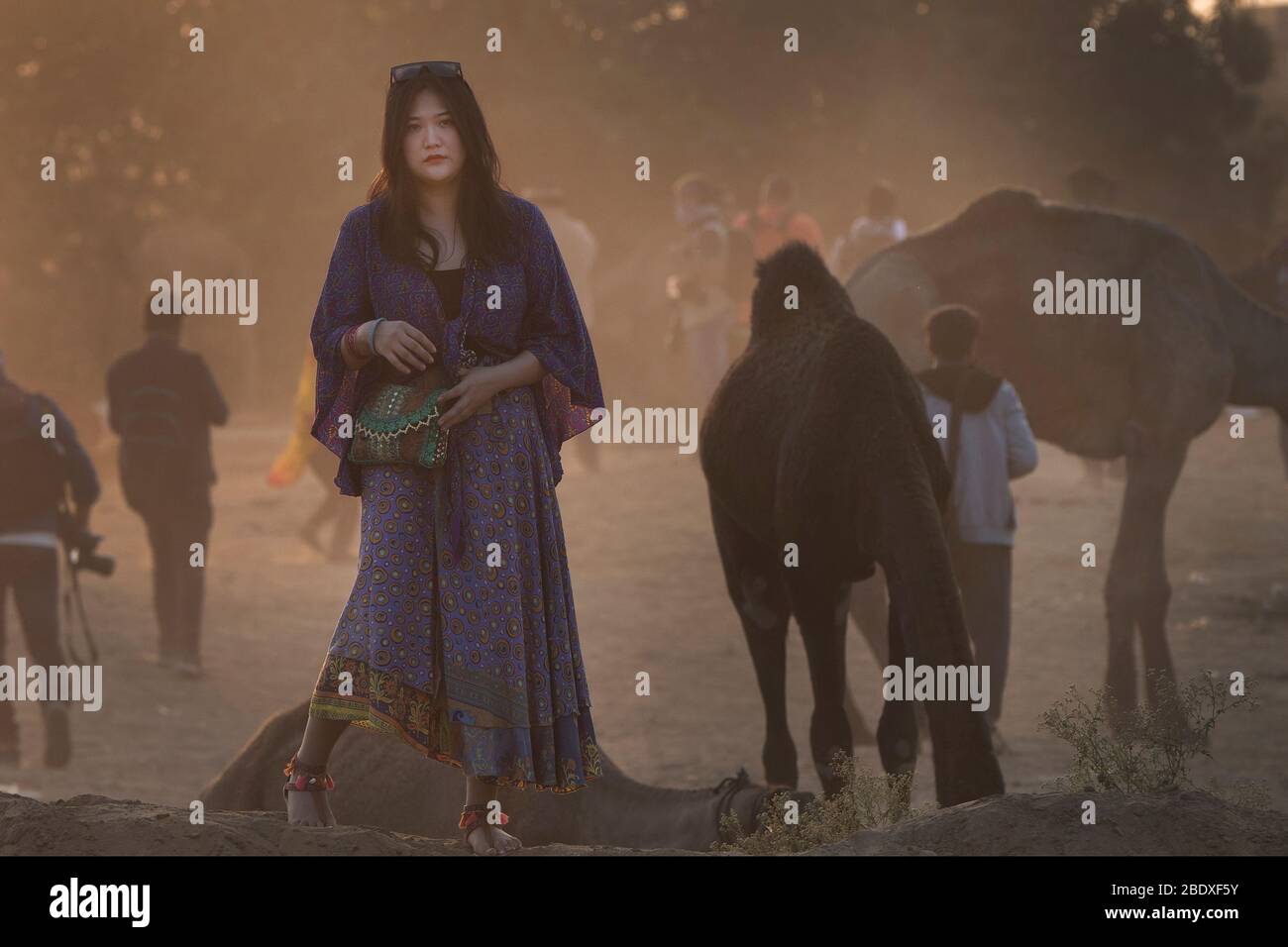 Das Bild der Touristen Dame auf Pushkar Fair, Ajmer, Rajasthan, Indien, asien Stockfoto