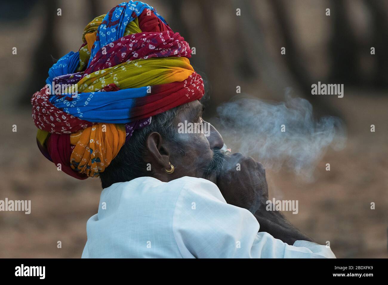 Das Bild von Rajasthani Mann rauchen bidi Porträt auf Pushkar Animal Fair, Ajmer, Rajasthan, Indien, asien Stockfoto
