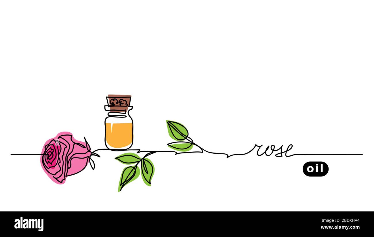 Rosenöl in der Flasche. Einfaches Vektorbanner. Eine durchgehende Strichzeichnung, Hintergrund, Illustration mit Schriftzug Stock Vektor
