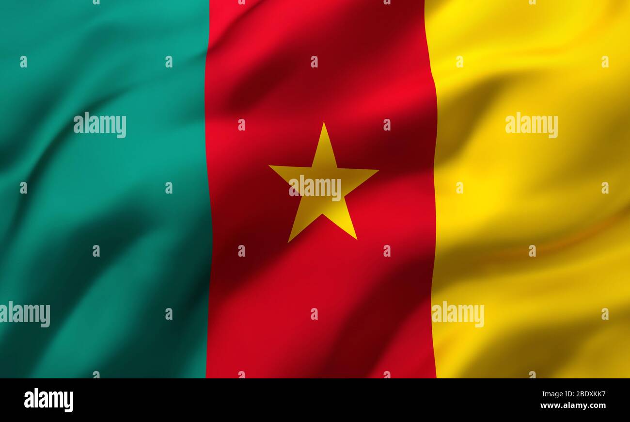 Flagge Kameruns weht im Wind. Ganze Seite Kamerun Flugflagge. 3D-Darstellung. Stockfoto