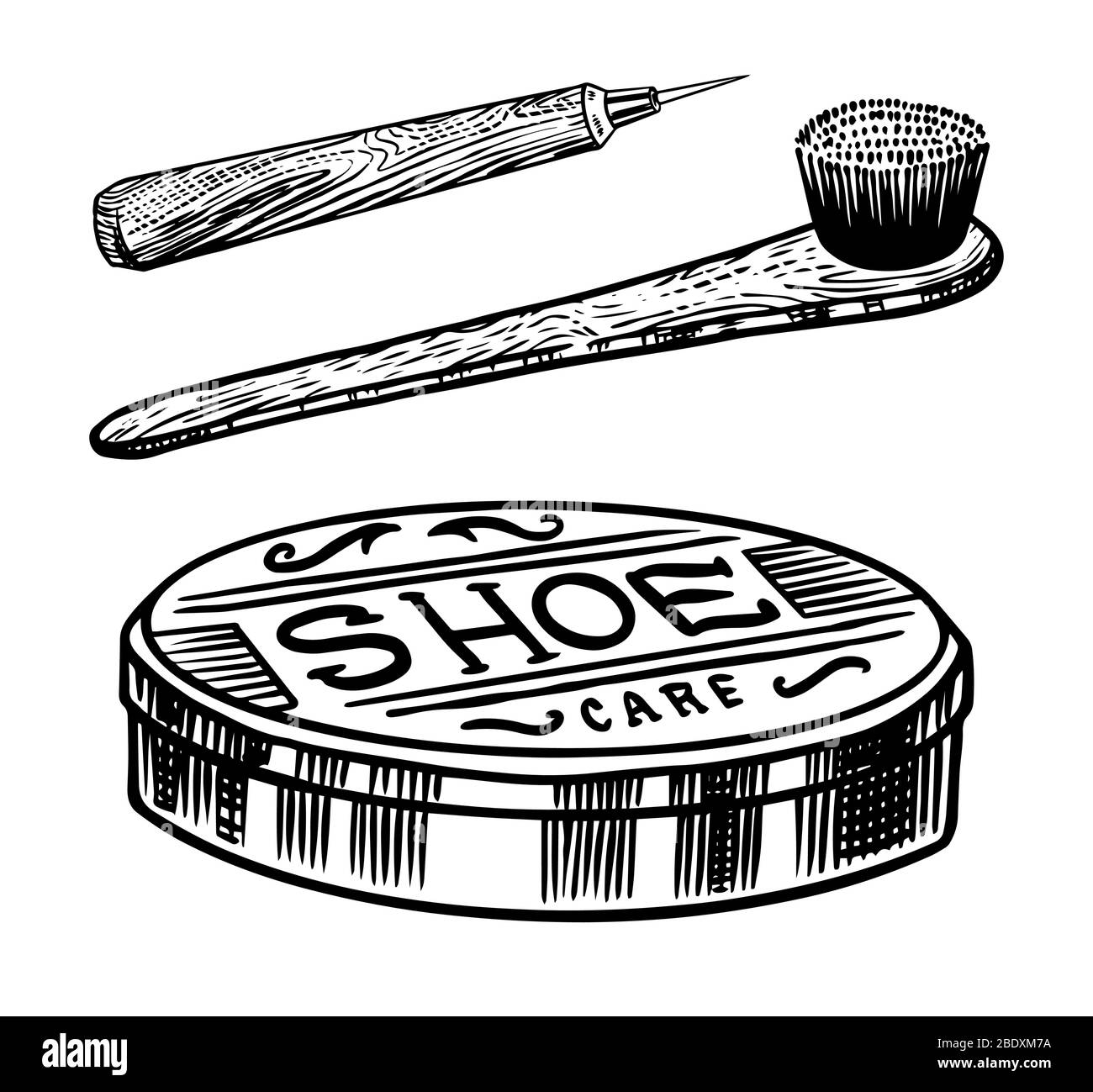 Schuhcreme und Bürste zur Reinigung der Sohlen. Vintage-Label. Handgezeichnete gravierte Skizze für T-Shirt, Logo oder Abzeichen. Stock Vektor