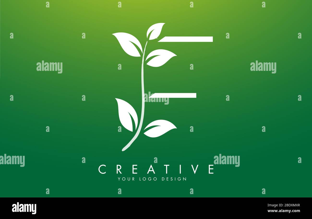 Weißes Blatt Buchstabe F Logo Design mit Blättern auf einem Zweig und grünem Hintergrund. Buchstabe F mit Naturkonzept. Öko und Organic Letter Vektor Illustration Stock Vektor