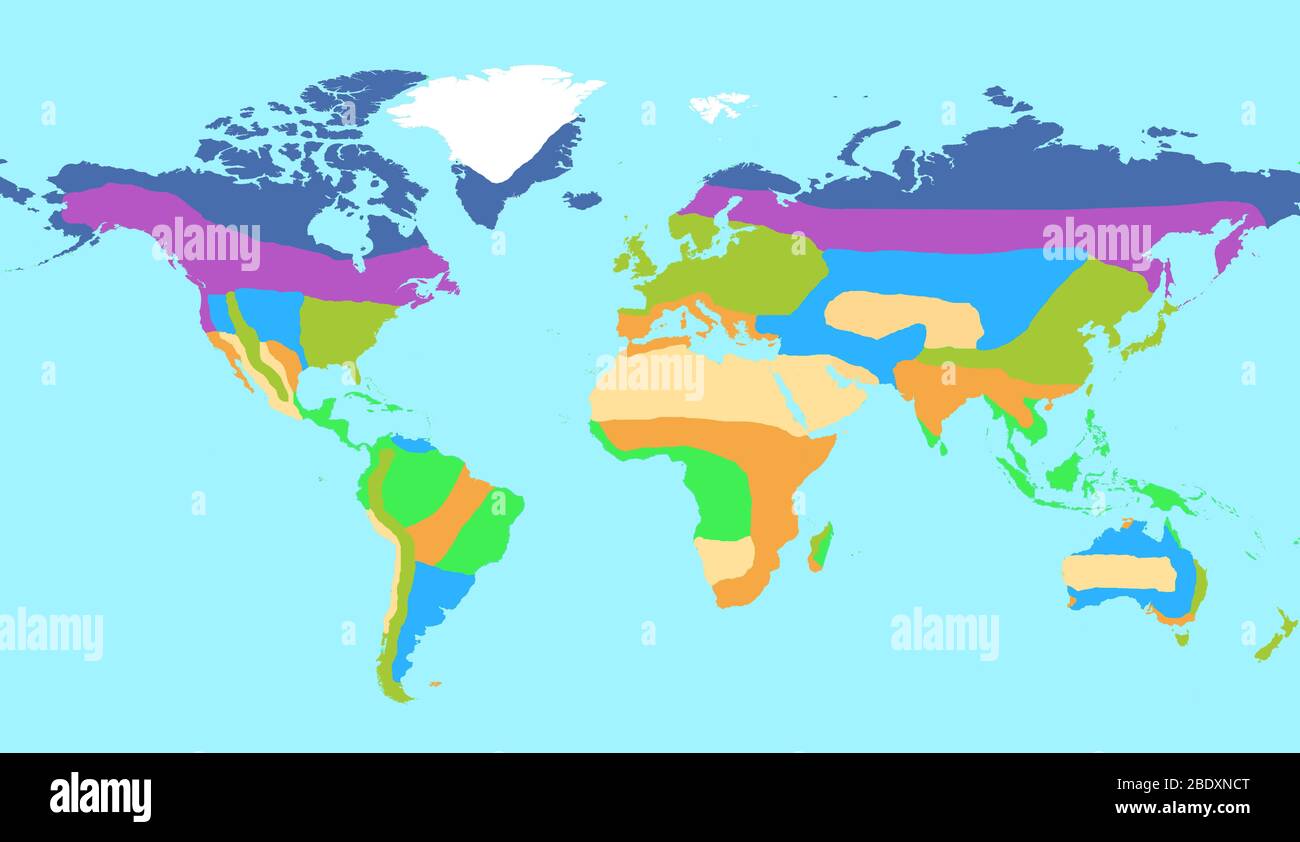 Karte der wichtigsten globalen Biome der Erde, einschließlich tropischer Regenwald, gemäßigter Wald, borealer Wald (Taiga), Wüste, Grasland, Savanne, Tundra und Eis. Terrestrische Biome (auch Ökosysteme genannt) sind geographische Landgebiete mit ähnlichen klimatischen Bedingungen, die oft durch die dort vorgefundenen Pflanzen und Tiere gekennzeichnet sind. Acht Biome werden hier gezeigt, obwohl komplexere Klassifikationen diese Biome noch weiter unterteilen. Stockfoto