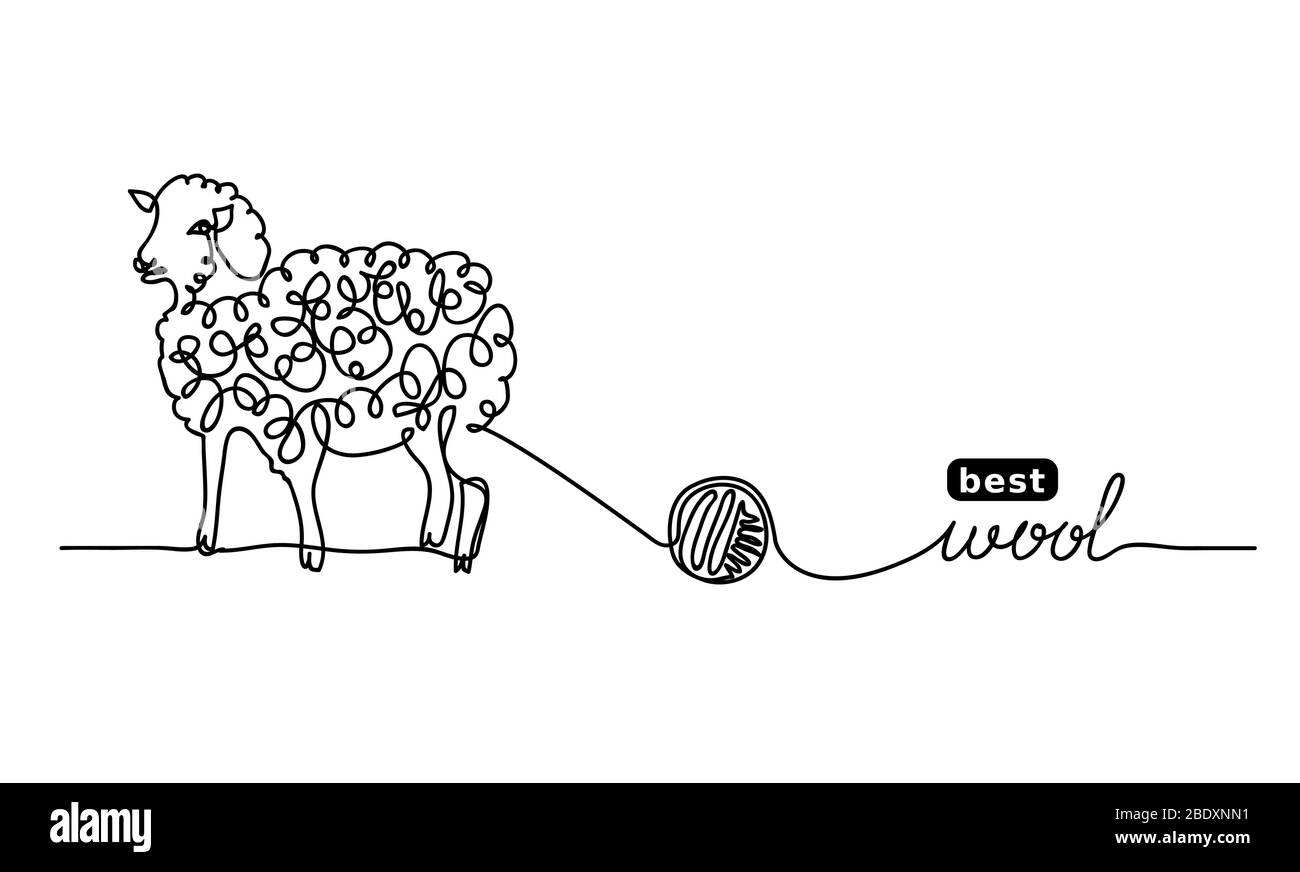 Schafsbeste, feinste Wolle. Vektor-Label-Design, Hintergrund. Eine durchgehende Strichzeichnung von Schafen und Wolle. Stock Vektor