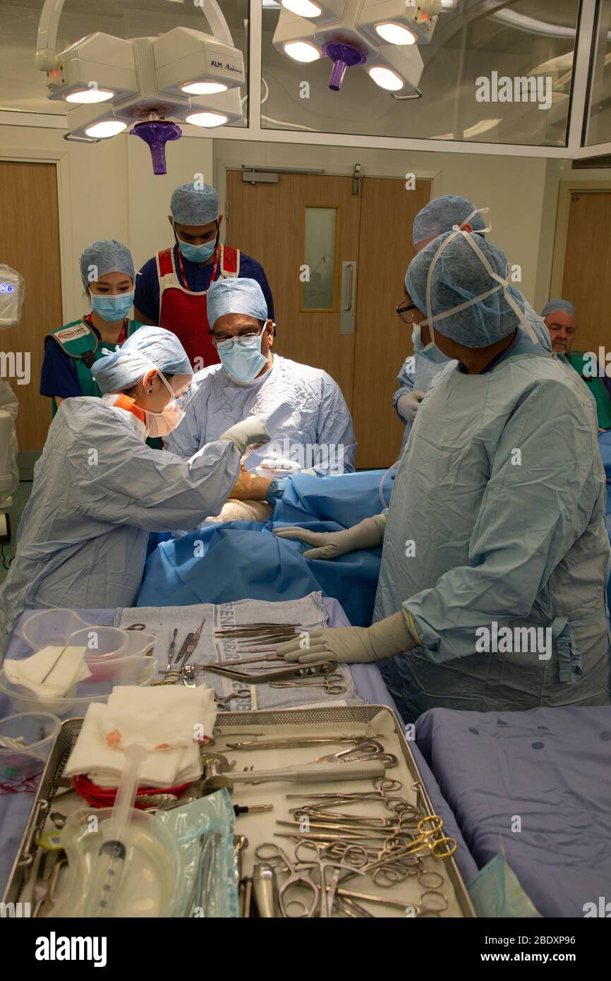 Chirurgen und Techniker führen eine Metallplatte in den Fußbereich des Fußes eines Patienten ein, um einen Knochenbruch und ein beschädigtes Gelenk zu reparieren. Stockfoto