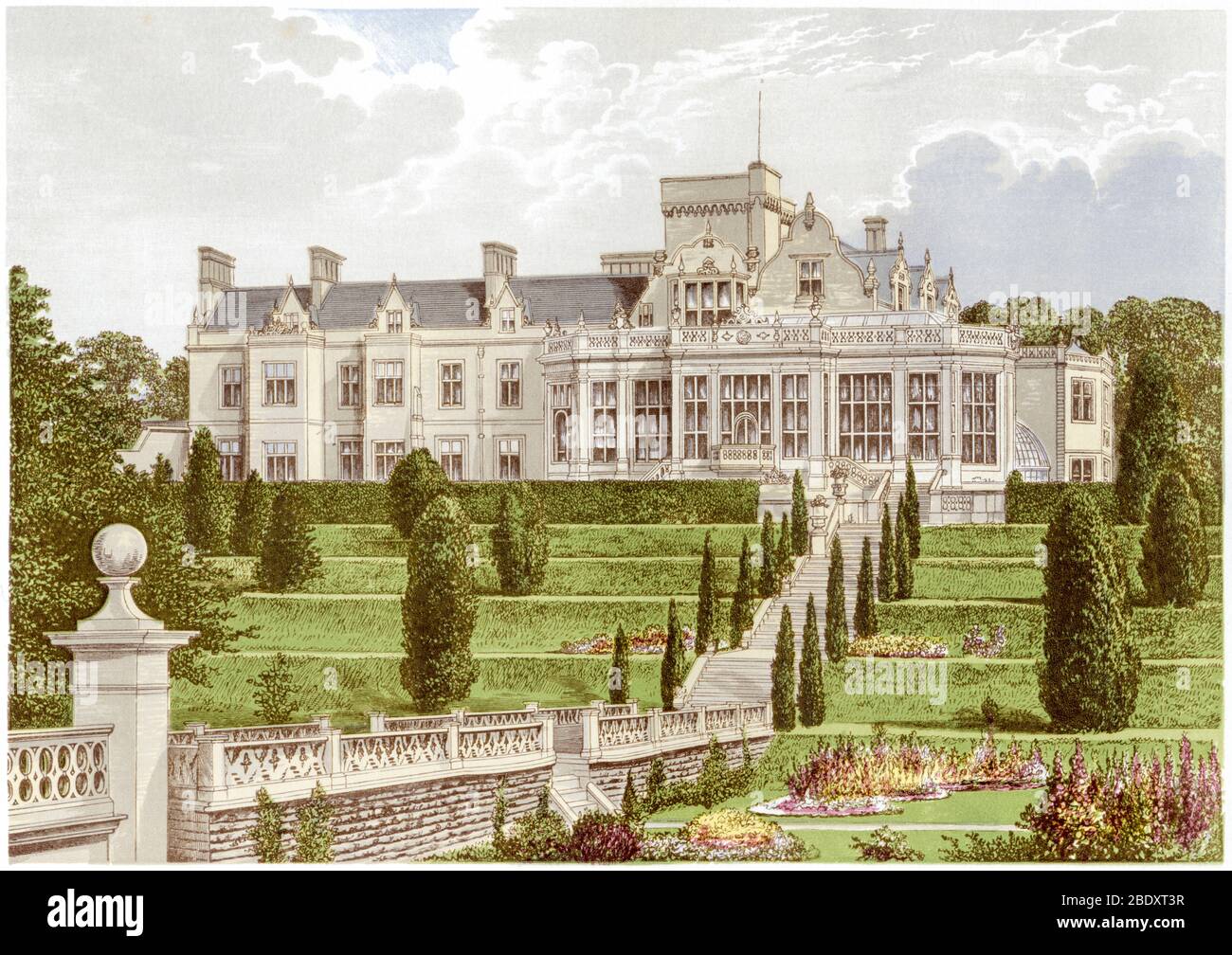 Eine farbige Illustration von Easton Hall in der Nähe von Grantham, Lincolnshire, gescannt in hoher Auflösung aus einem Buch gedruckt in 1870. Ich glaubte, dass das Urheberrecht frei ist. Stockfoto