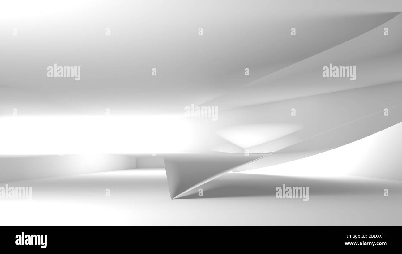 Abstrakt weißen digitalen Grafik-Hintergrund mit weichen Formen Installation in einem weißen Raum, 3d-Rendering-Illustration Stockfoto
