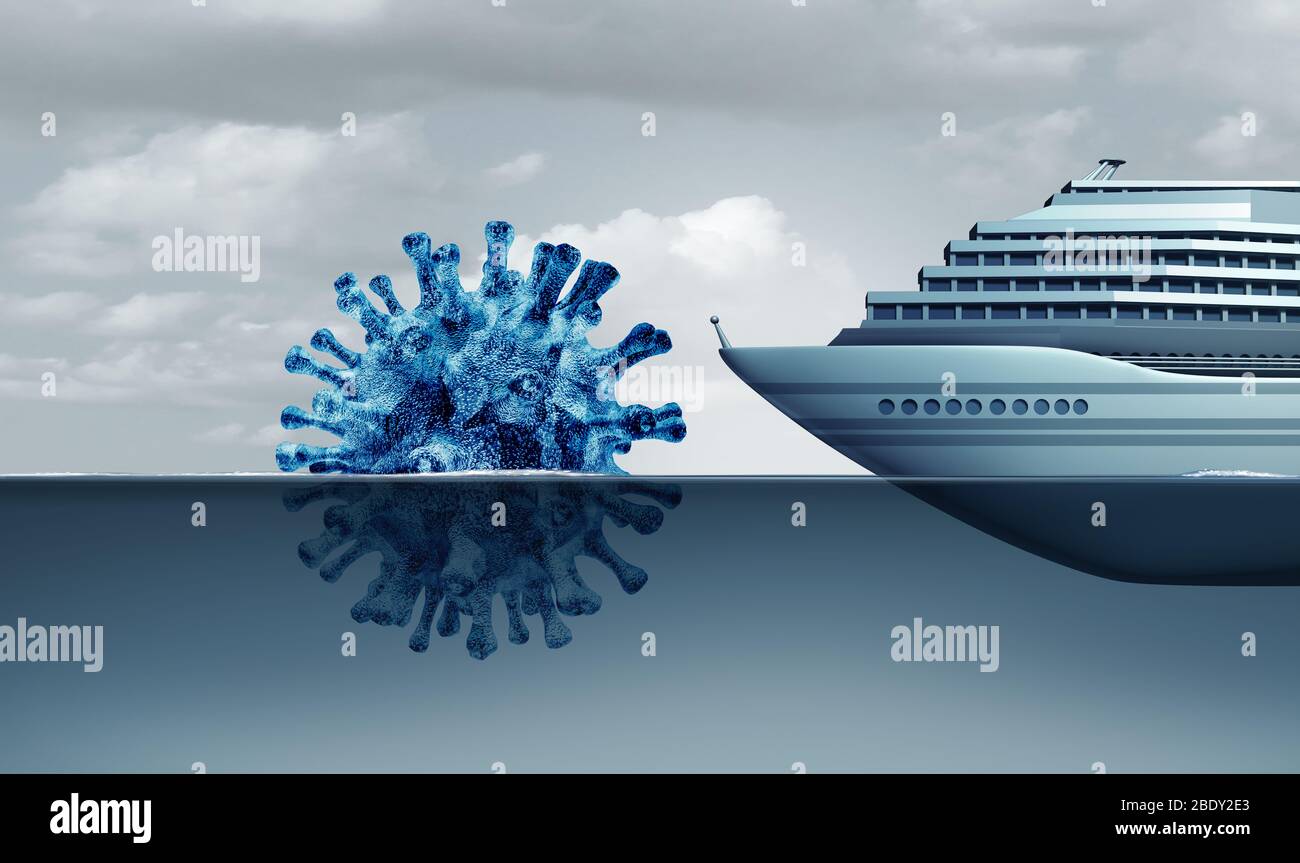 Kreuzfahrtschiff Virus Gefahr und Schiffskrankheit covid-19 Auswirkungen als Ausbruchsrisiko oder Coronavirus oder Grippekrise als ein Boot vor einer gefährlichen. Stockfoto