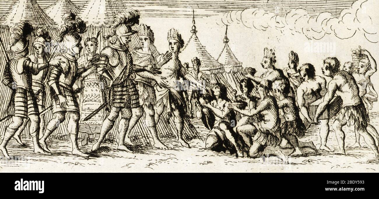 Hern√√©Cort   s von indigenen Völkern begrüßt, 16. Jahrhundert Stockfoto