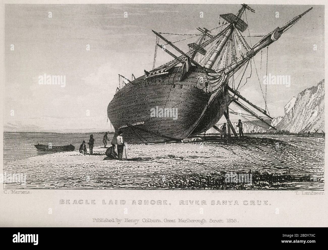 HMS Beagle lag an Land, Fluss Santa Cruz, 1838 Stockfoto