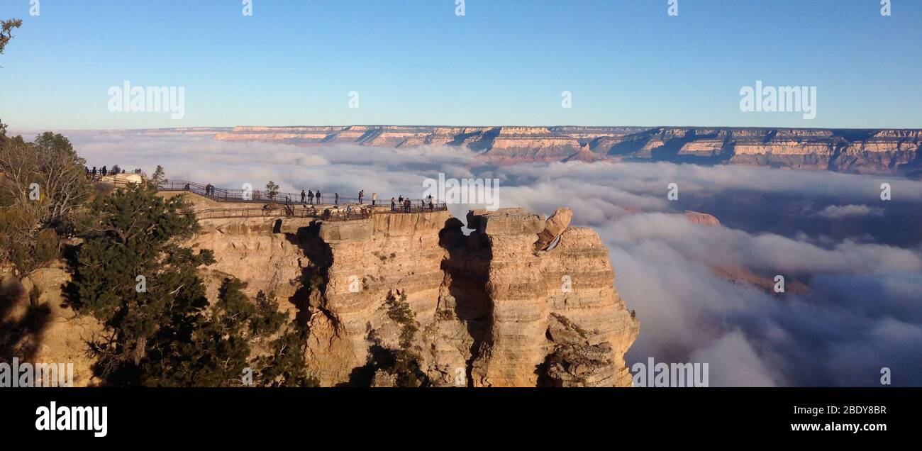 Eine seltene totale Wolkeninversion wurde am 29. November 2013 von Besuchern des Grand Canyon National Park gesehen. Diese Ansicht ist von Mather Point auf dem Südrand. Wolkenumkehrungen entstehen durch das Zusammenspiel von warmen und kalten Luftmassen. Stockfoto